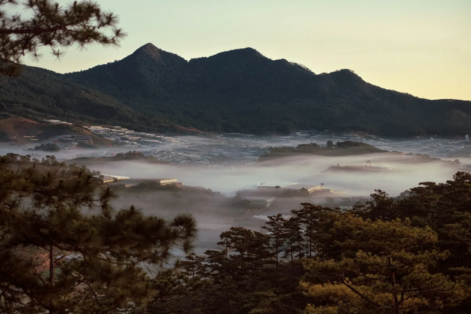 A misty green valley surrounded by mountains at sunrise